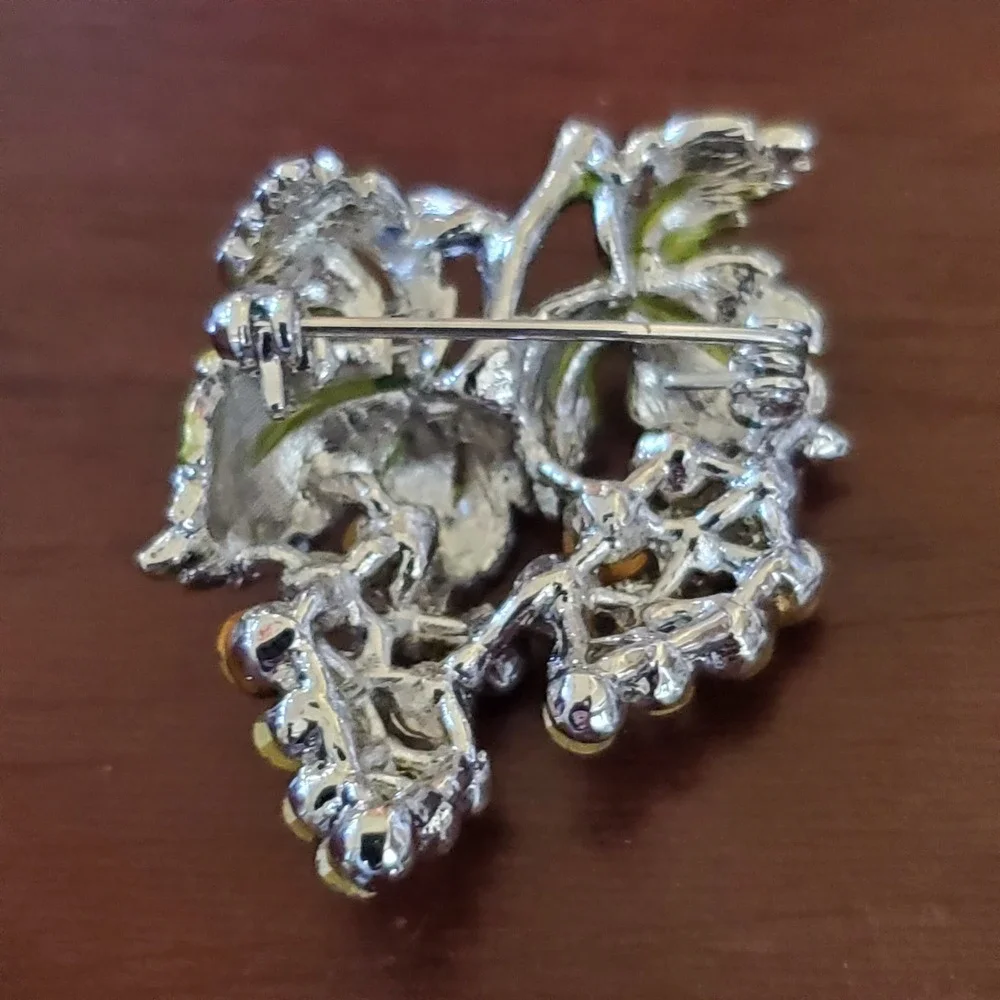 Grape Cluster Brooch Pin Rhinestone Purple Lavender Green Enamel Silver Tone