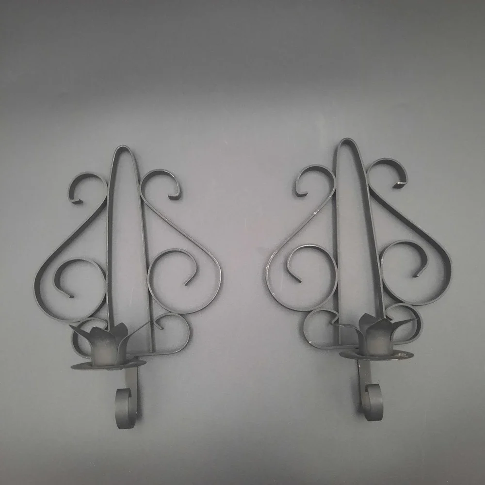 Ornate Black Metal Wall‎ Sconce Candle Holders Pair Scrollwork Vintage Decor