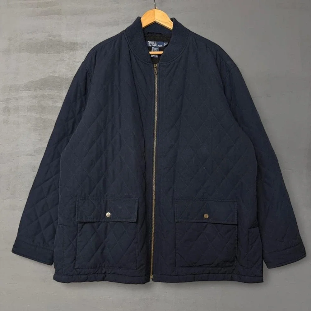 Vintage Polo Ralph Lauren Quilted Bomber Jacket Navy Blue Wool Lined‎ XXL