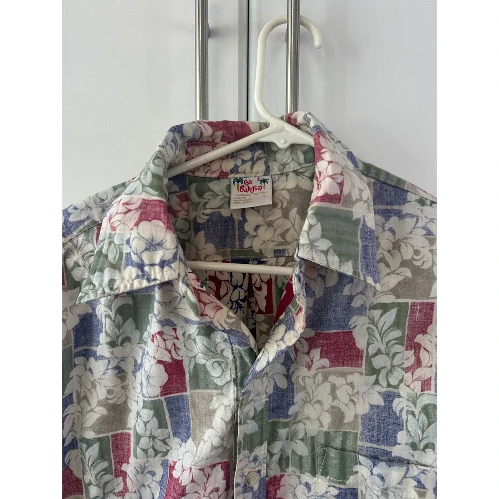 Go Barefoot Mens Hawaiian Shirt Large Floral‎ Patchwork Cotton Made in USA