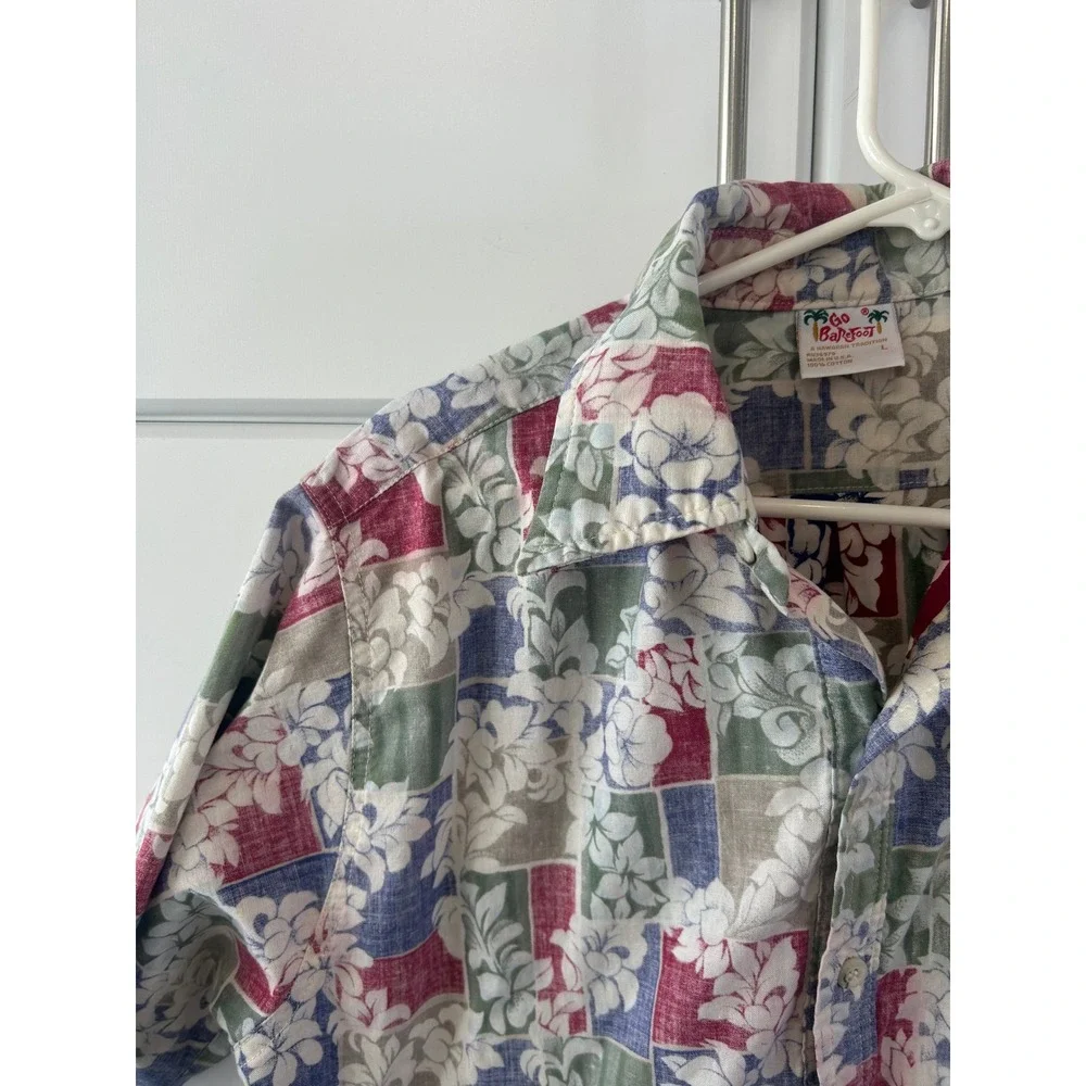Go Barefoot Mens Hawaiian Shirt Large Floral‎ Patchwork Cotton Made in USA