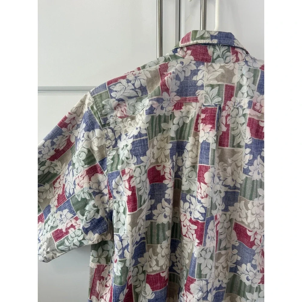 Go Barefoot Mens Hawaiian Shirt Large Floral‎ Patchwork Cotton Made in USA