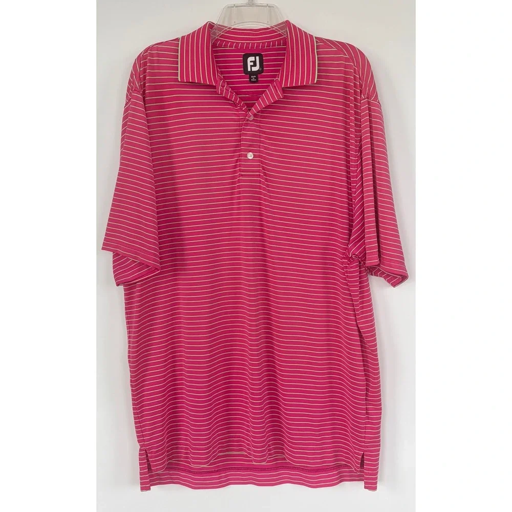 FootJoy Mens ProDry Golf Polo Shirt Pink Lime Green‎ Striped Performance Large