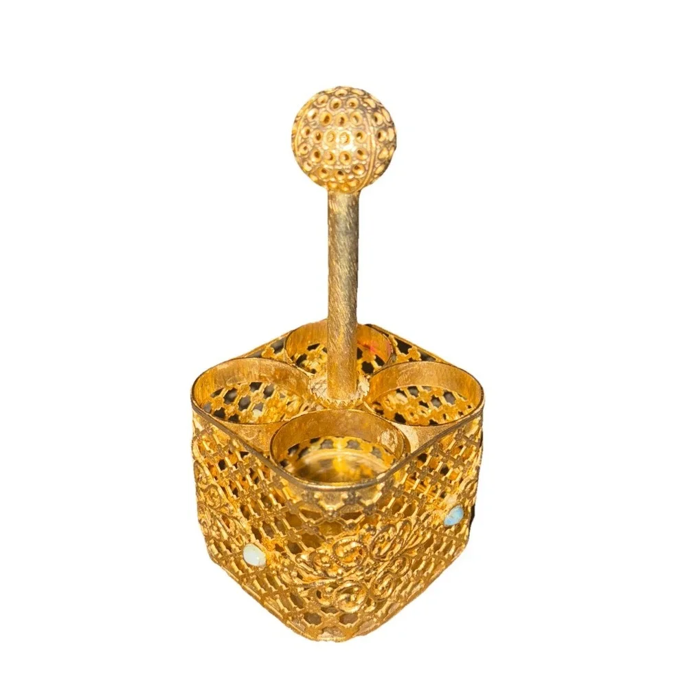 Vintage Lipstick Holder  4 Slot Vanity Organizer  Jade Gold Filigree Jade  4