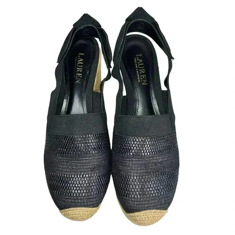 Ralph Lauren Helma Espadrille Slingback Wedge Sandals Black Size‎ 8.5
