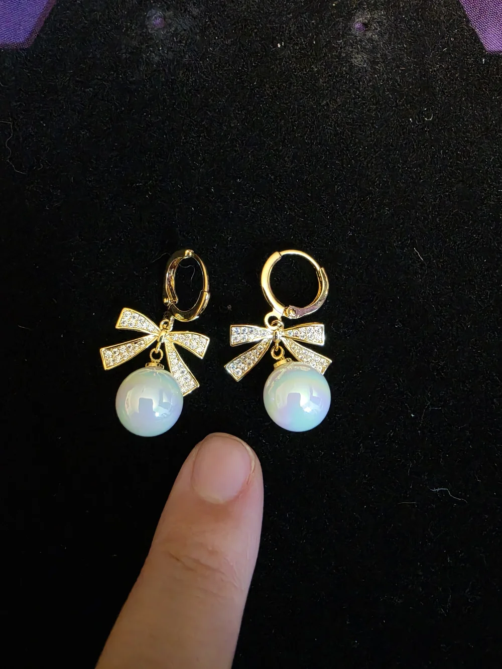 Gold Bow Hoop Earrings with Opalescent Pearl Drops NOT REAL PEARLS