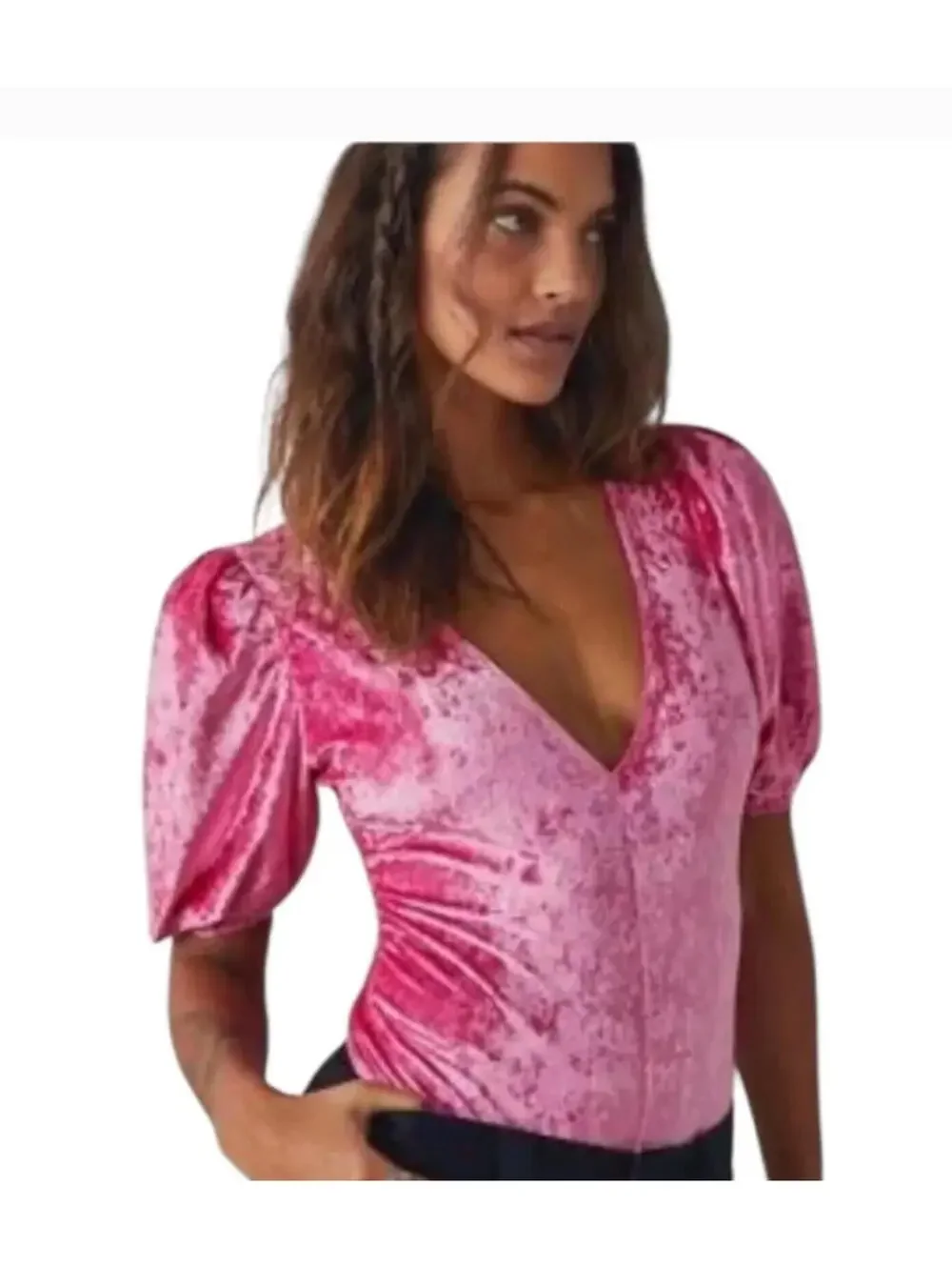 Free‎ People sz XS pink crushed velvet short sleeve stretch body suit D new tags