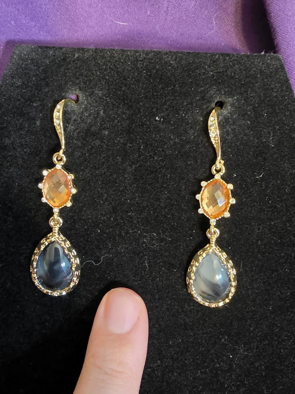 Gold Drop Earrings with Orange and Blue Gemstones