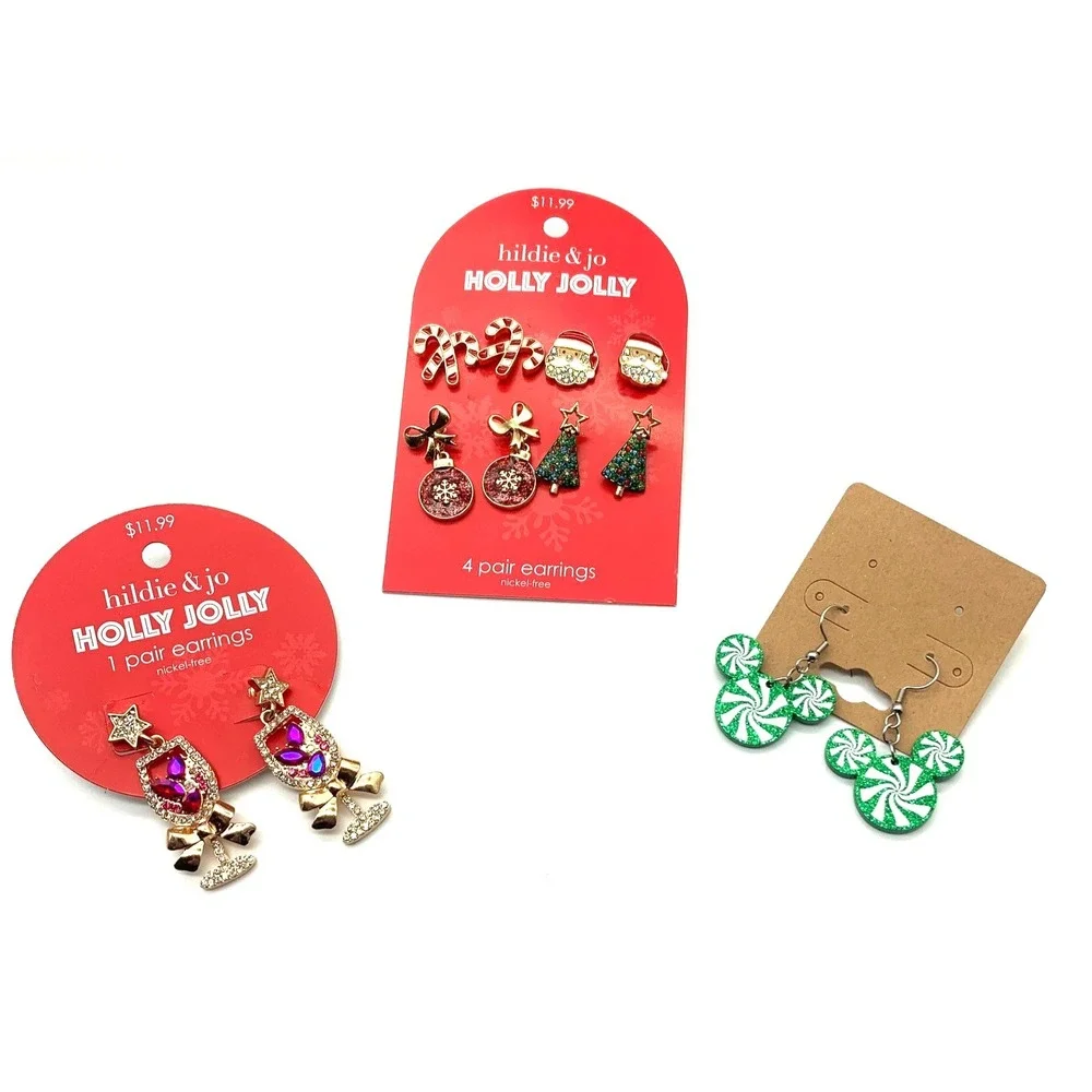 Christmas Earrings Lot 6‎ Pairs Mickey Peppermint Candy Cane Santa Tree