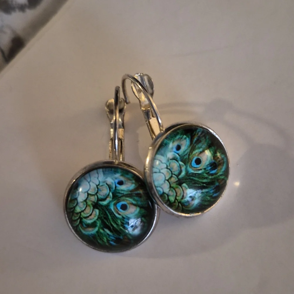 Peacock Glass Cabochon Boho Round Earrings