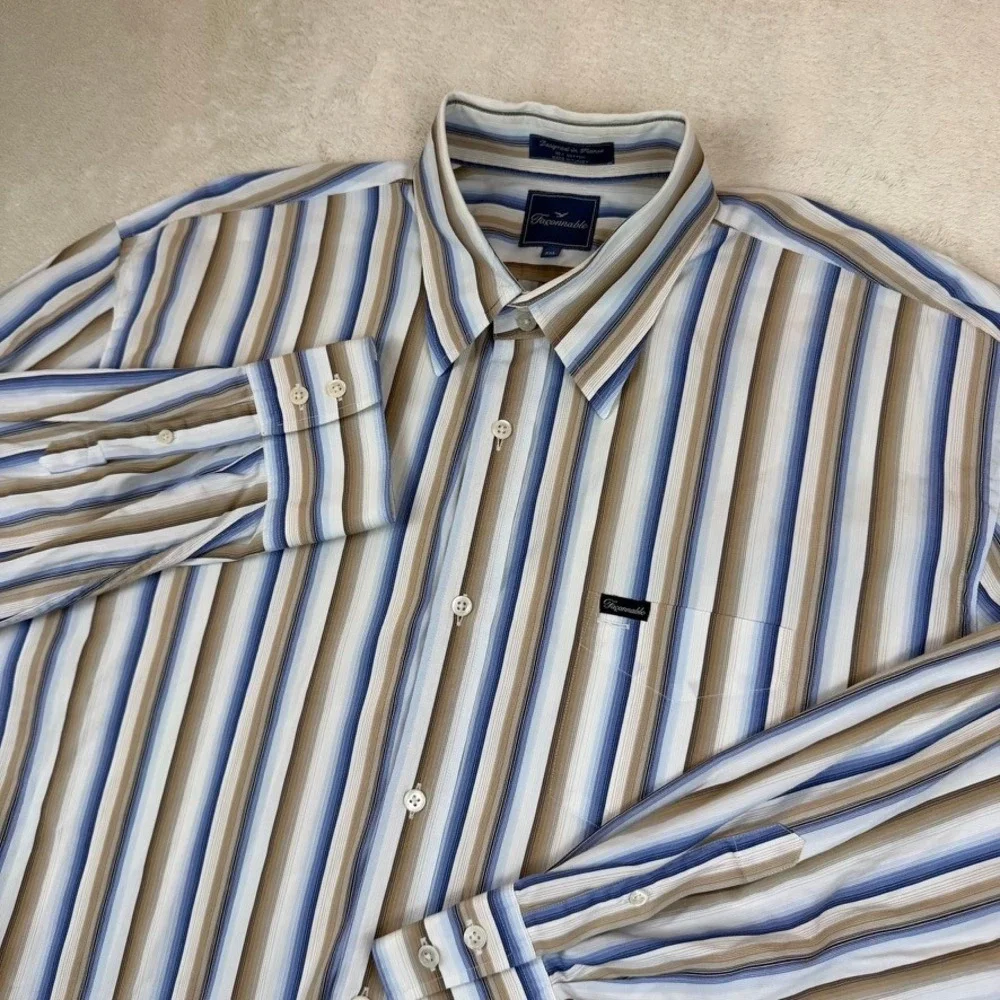 Faconnable Mens XXL‎ Blue/Tan/White Striped Long Sleeve Button Down Cotton Shirt