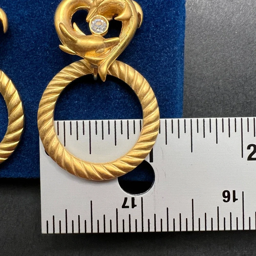 Vintage Door Knocker Earrings Gold Dolphin Heart Crystal Luminess Princess House