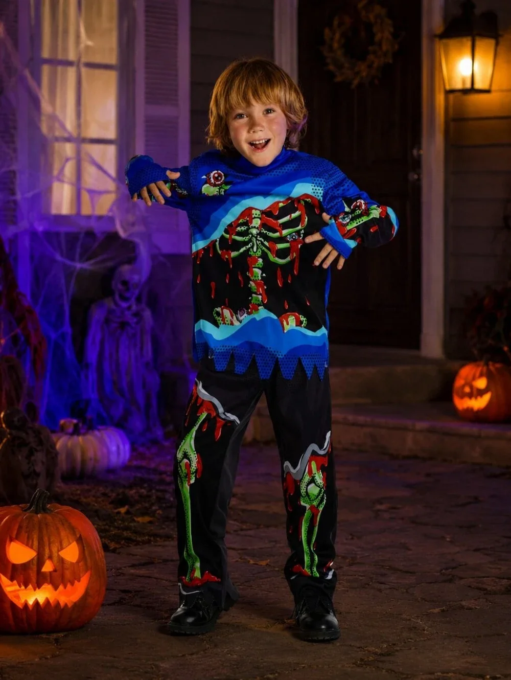 Boys Glow inthe Dark Zombie Costume Size Large 10-12 Halloween Shirt & Pants NIP