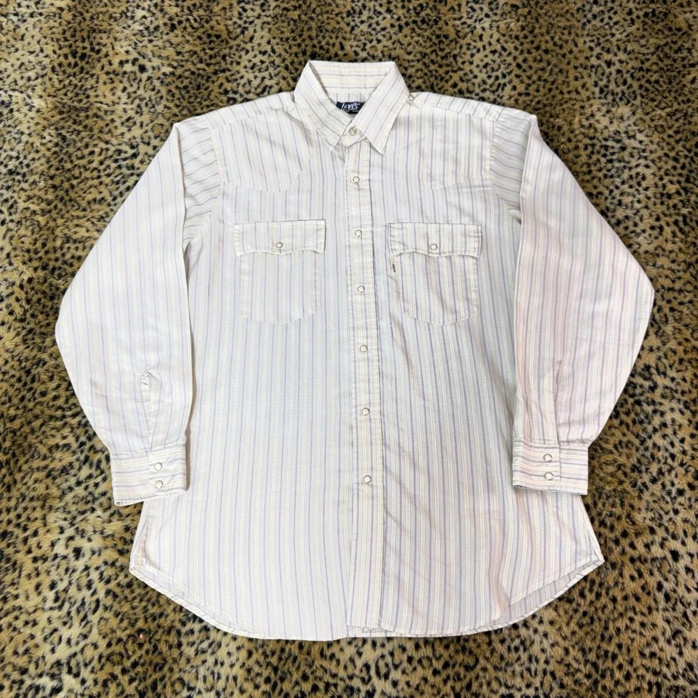 Vintage 1970s Levis Pearl Snap Western Shirt Size L USA Made Cream Striped 70s