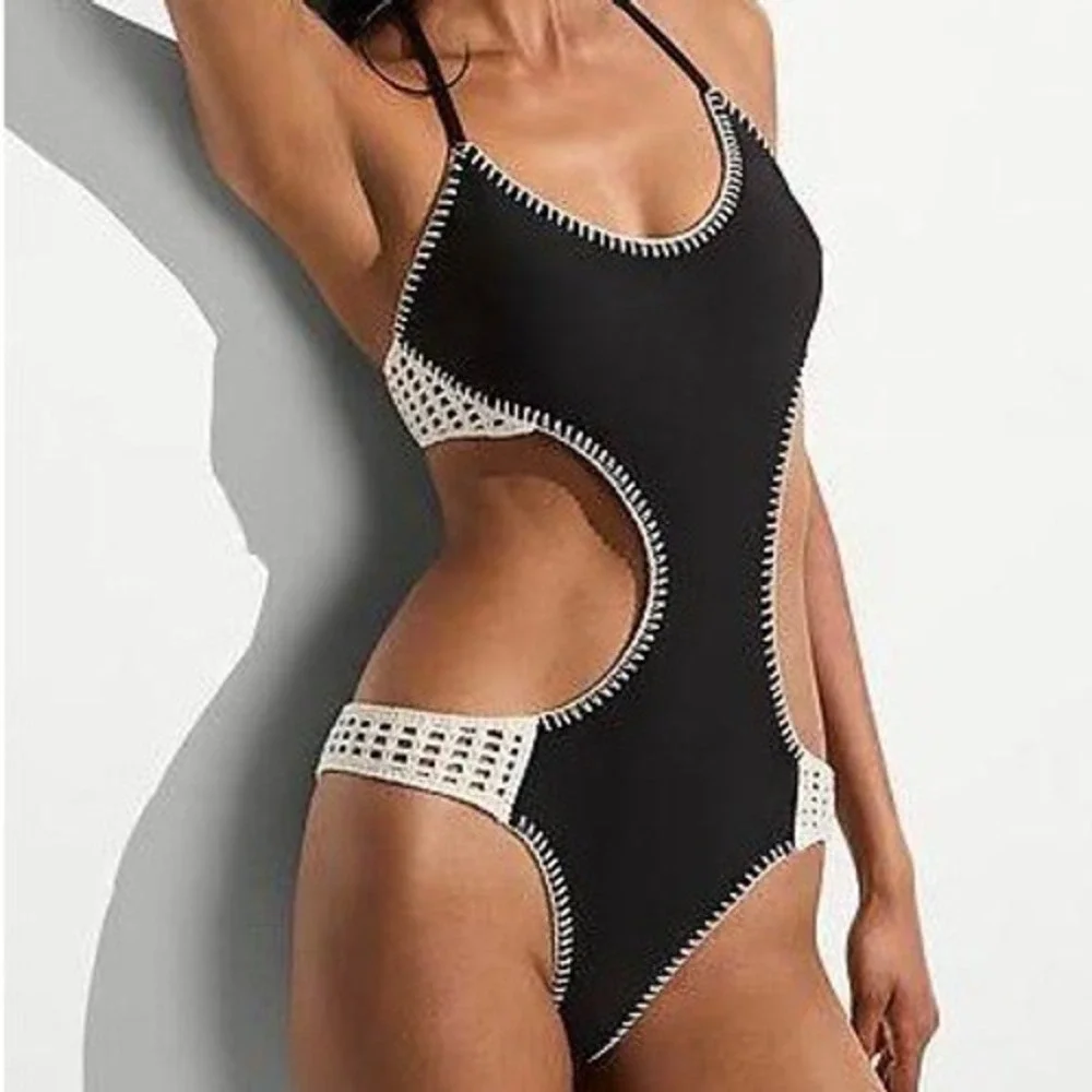 Victoria's Secret One Piece Swimsuit Black Crochet Cut Out Size L NWT Monokini S