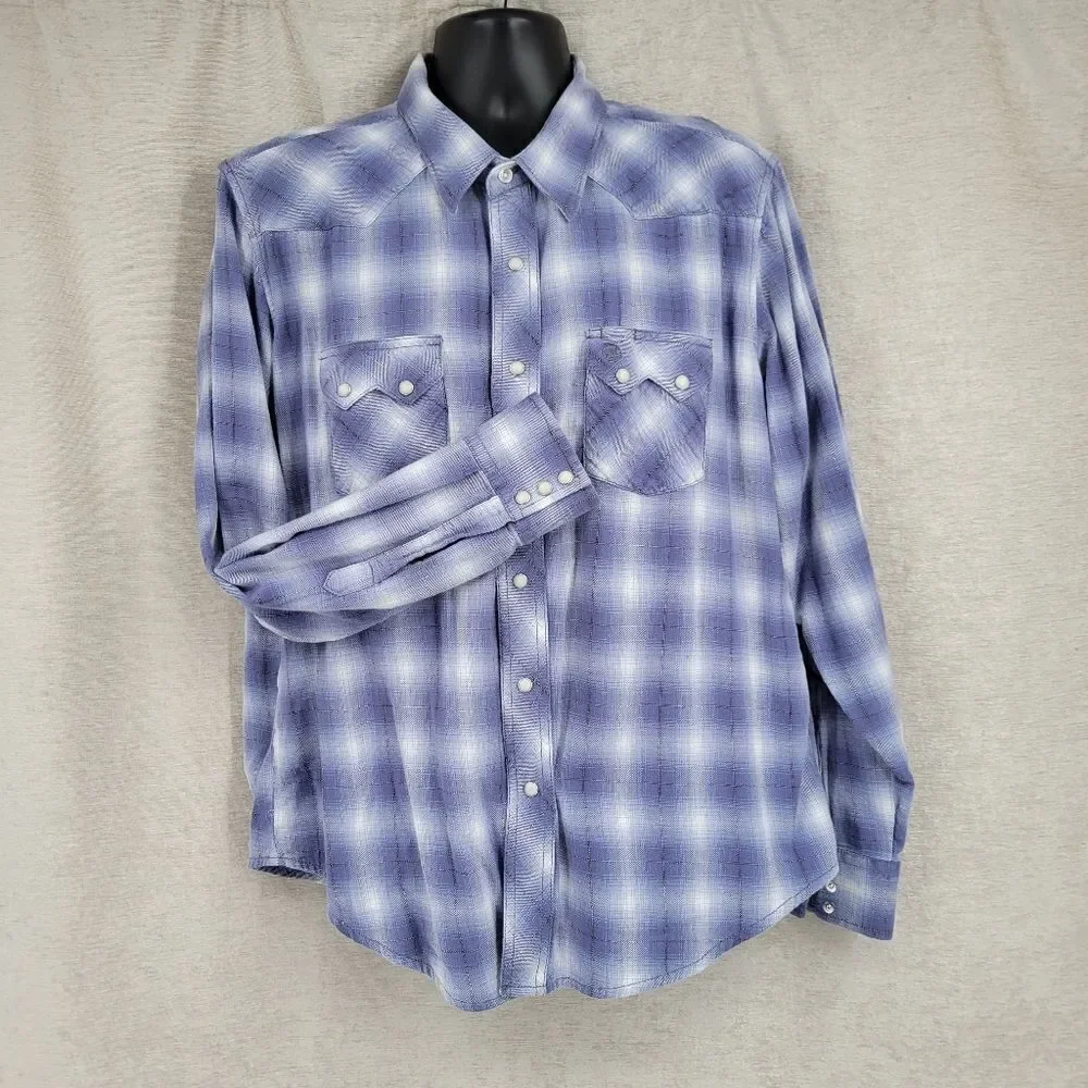 Wrangler Blue White Plaid Flannel Long Sleeve Western Pearl Snap Shirt Men's XL