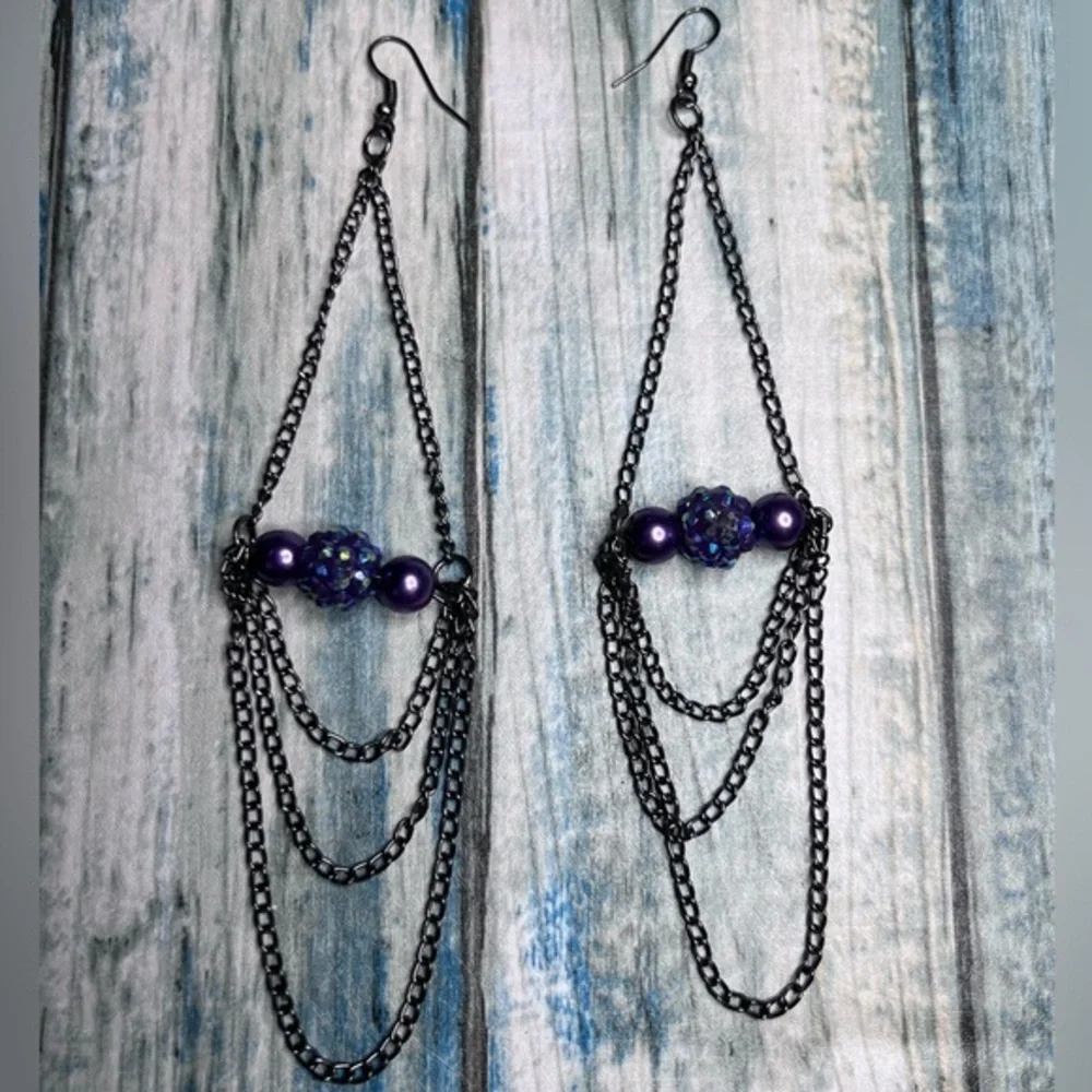 Purple bead and gunmetal chain long dangle earrings