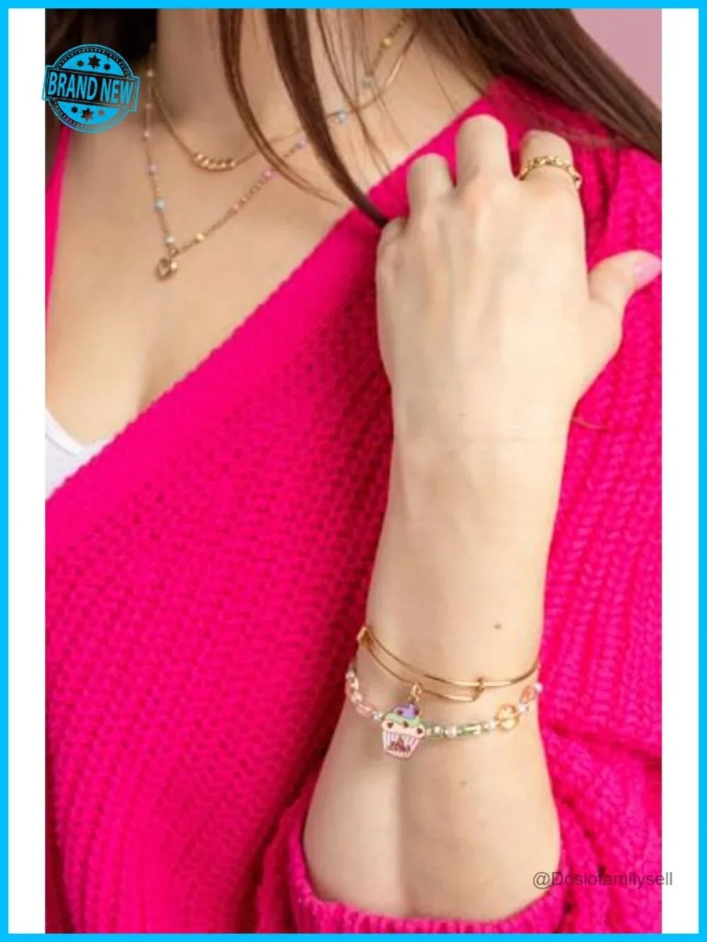 Expandable Beaded Bangle Bracelet with Heart Charms