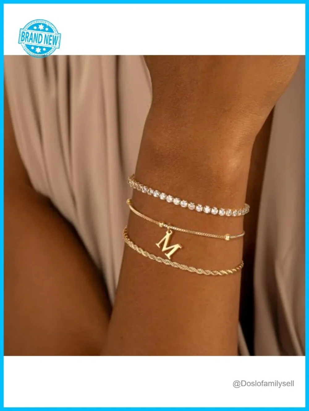 Dainty Gold Plated Bracelet Stack Set - Initial, Tennis & Rope Chain -