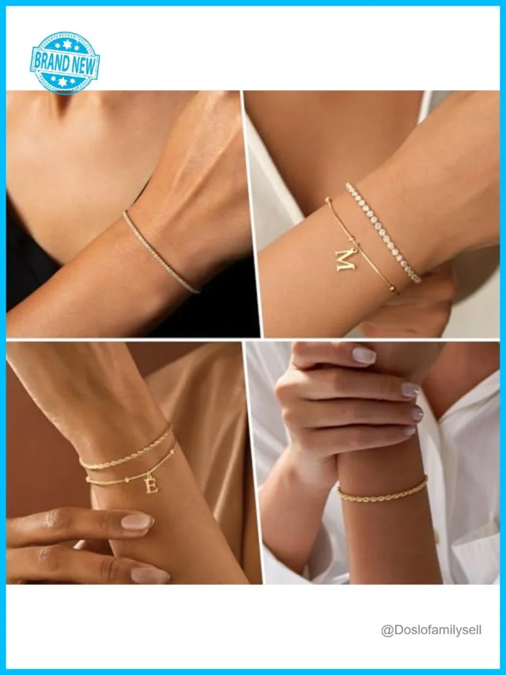 Dainty Gold Plated Bracelet Stack Set - Initial, Tennis & Rope Chain -