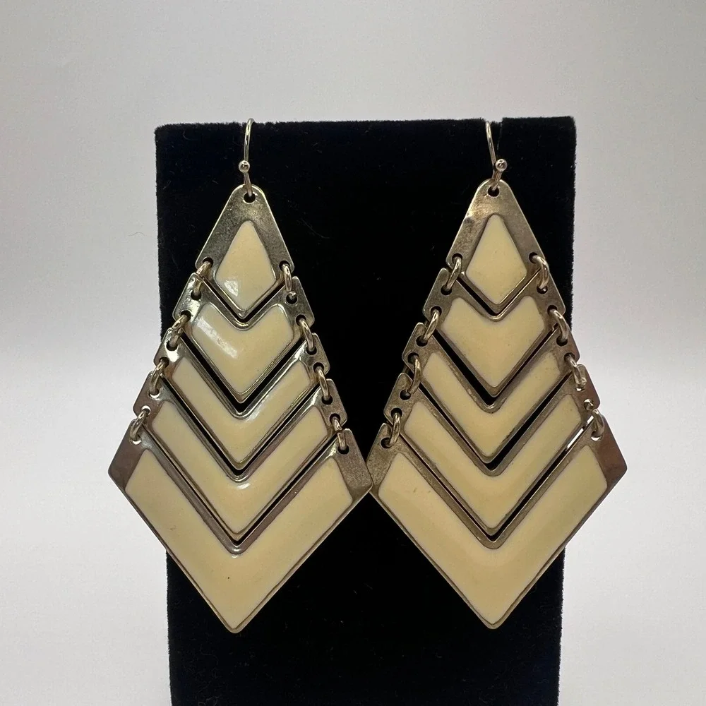Gold Tone Cream Enamel Tiered Chevron Geometric Diamond Drop Earrings Large