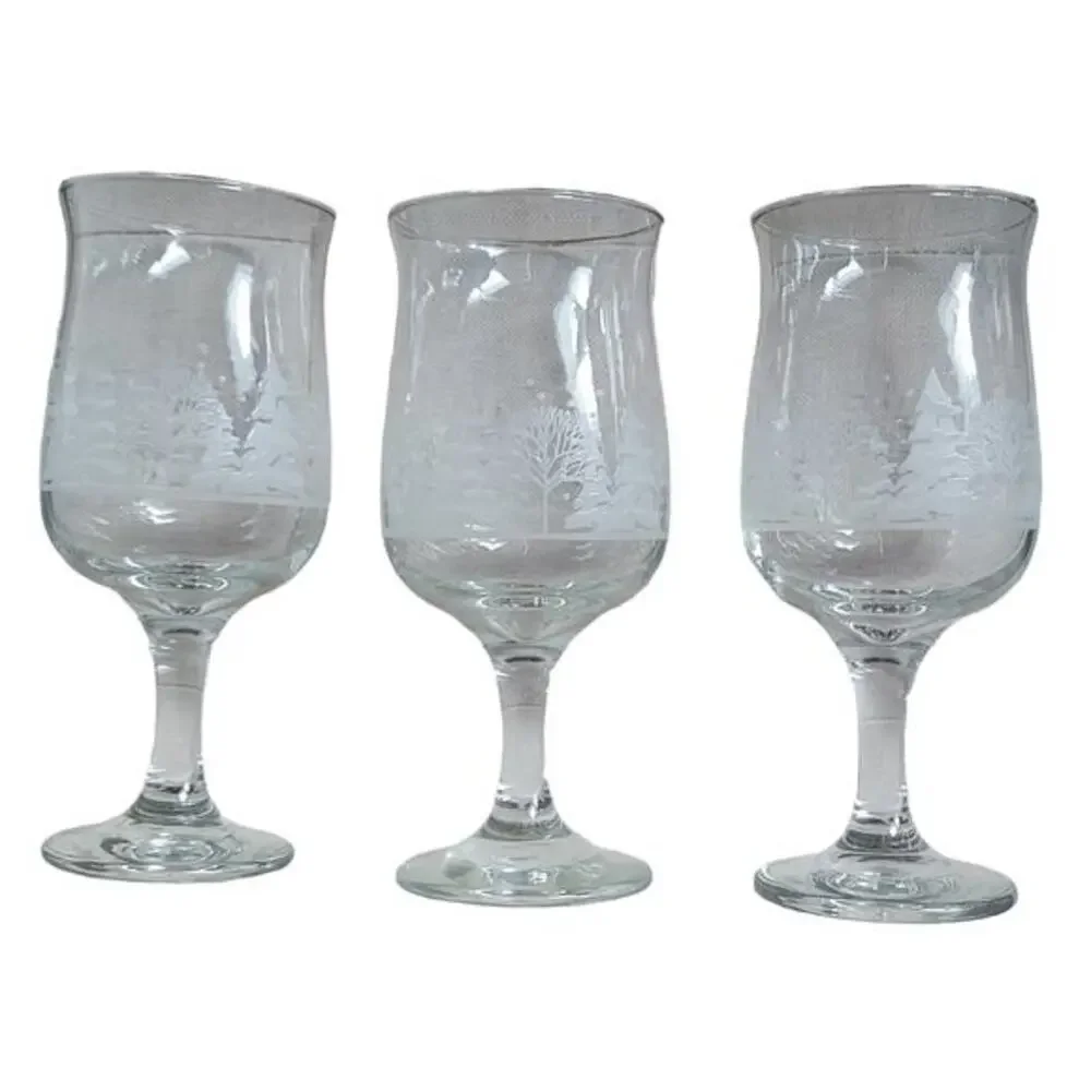 Vintage Christmas Wine Glasses‎ Winter Wonderland Frosted Tulip Hand Blown Set 3