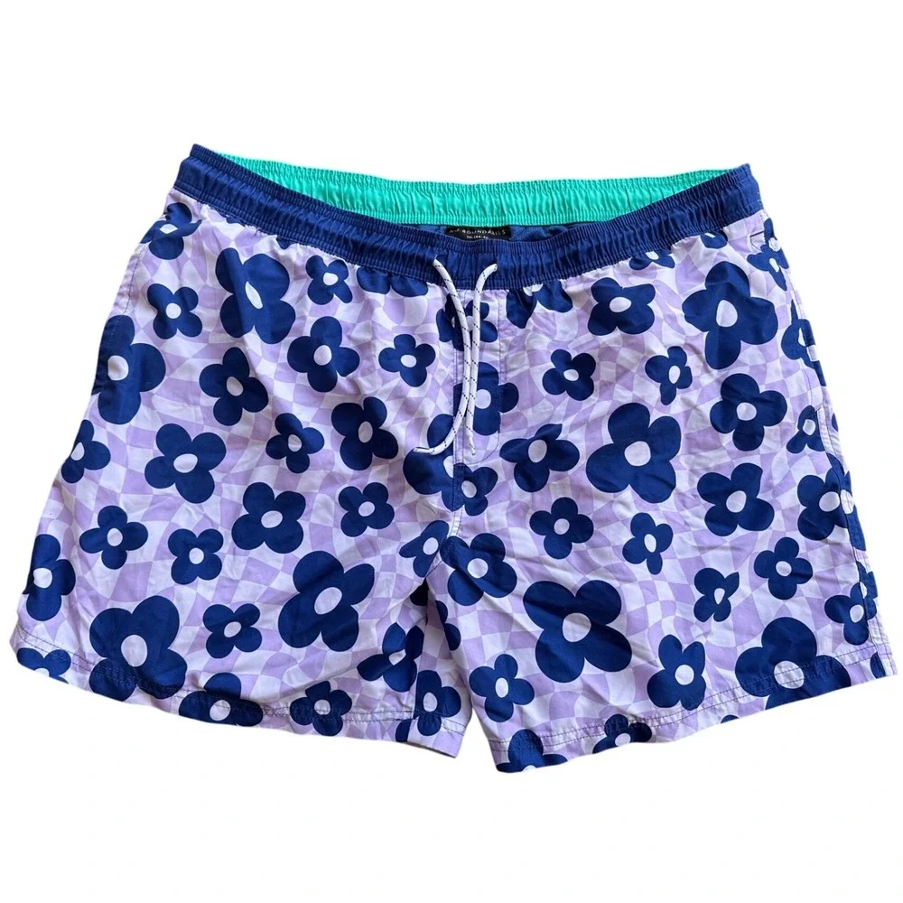 Mens Floral Checkerboard Swim Trunks‎ Purple Blue Board Shorts Drawstring Waist