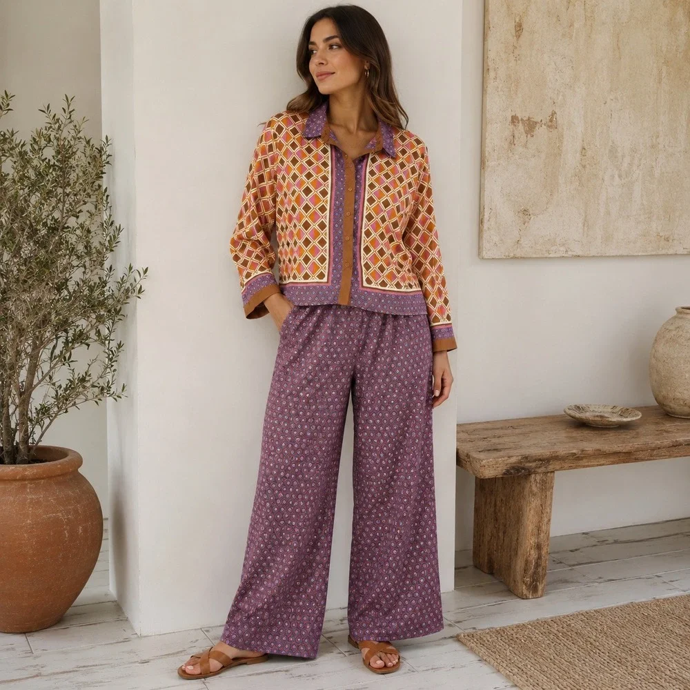 Rose + Olive Boho Set Geometric Print 2 Piece Long Sleeve Shirt Wide Leg Pants L