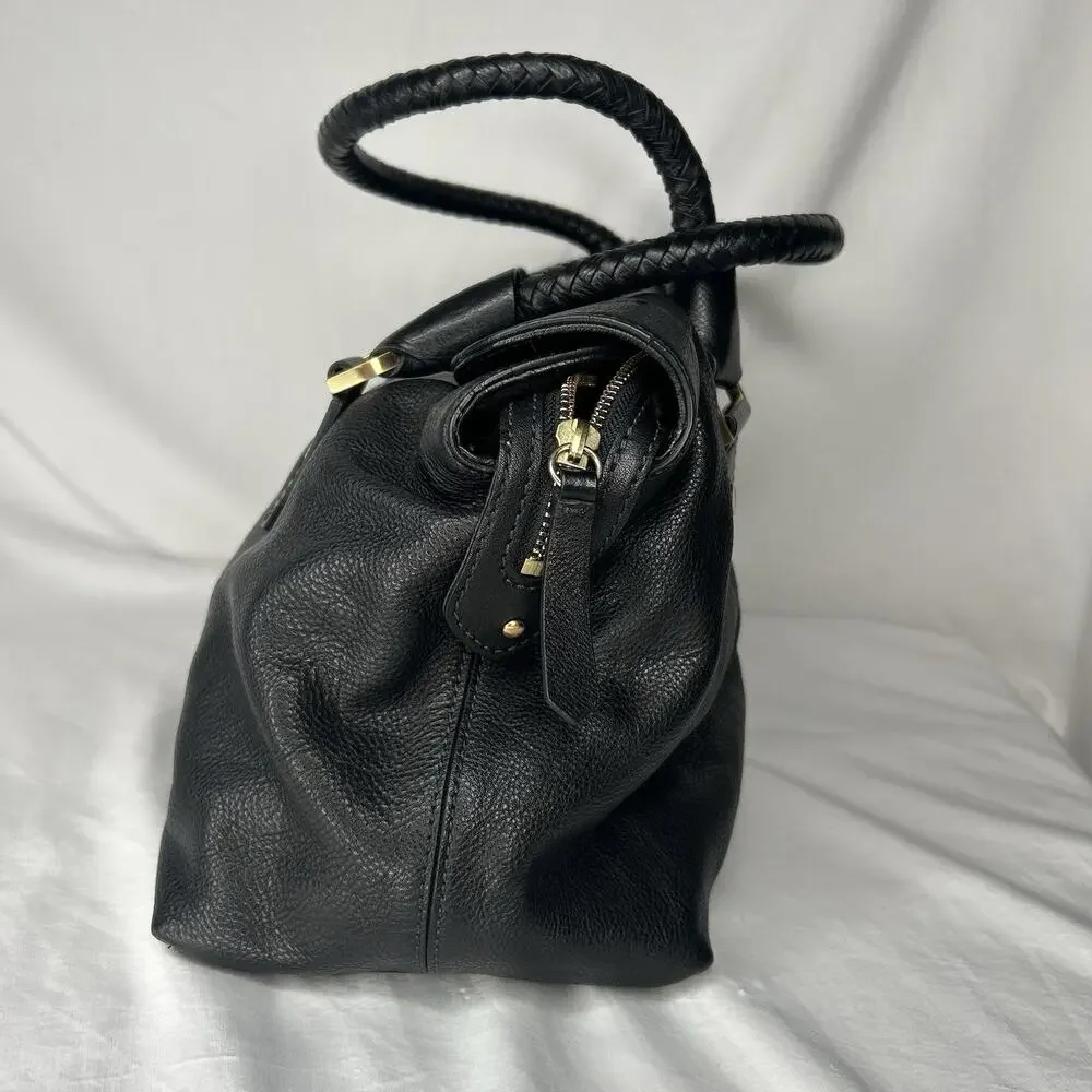 Cole Haan Black Pebbled Leather Shoulder Bag Braided Handles Magnetic Closure
