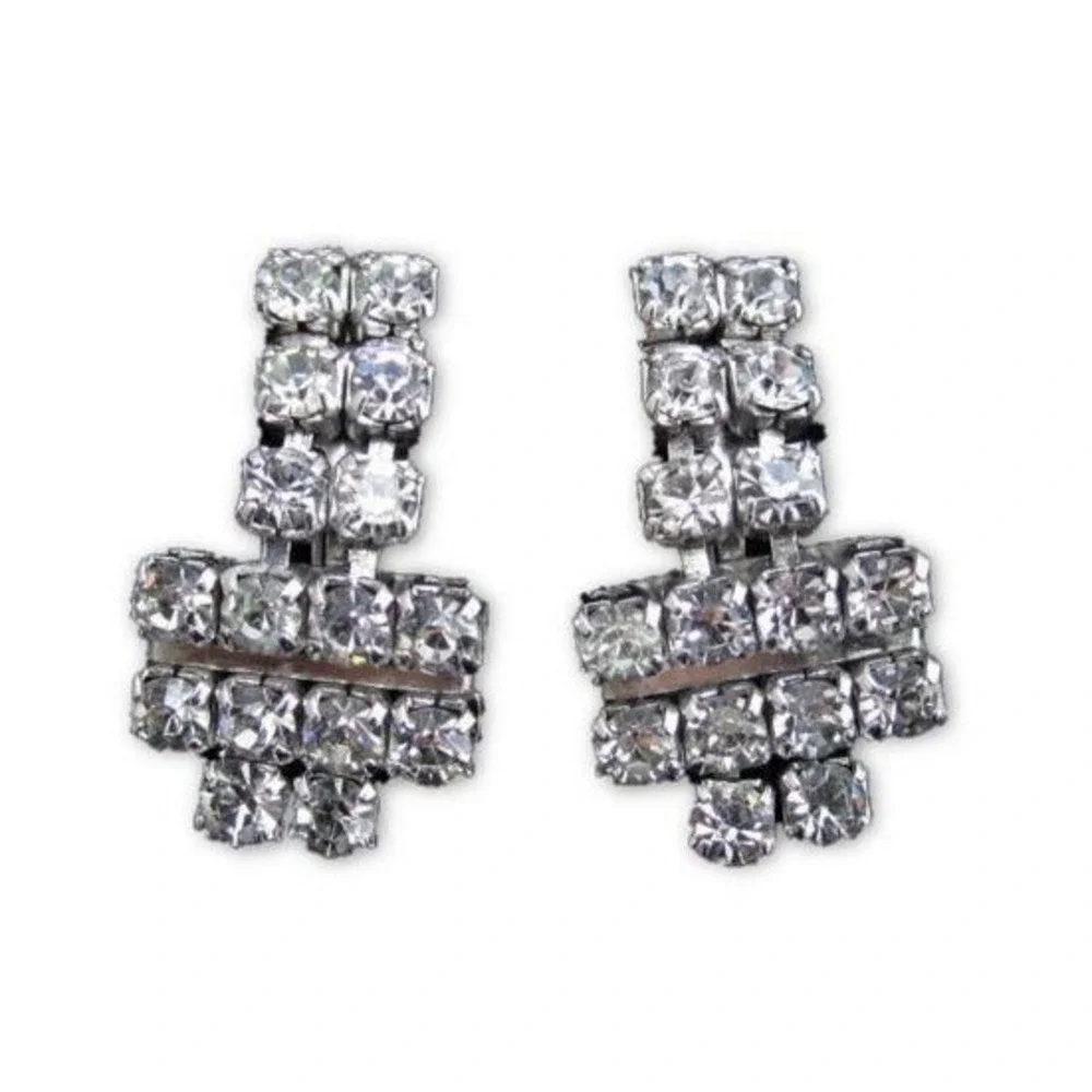 Vintage Rhodium Plated Art Deco Clear‎ Rhinestone Sparkling SB Earrings