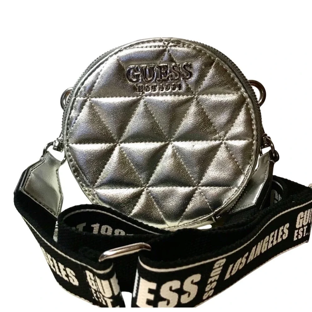 Guess Laiken Mini Round Crossbody Bag Quilted Metallic Design  adjustable‎ strap
