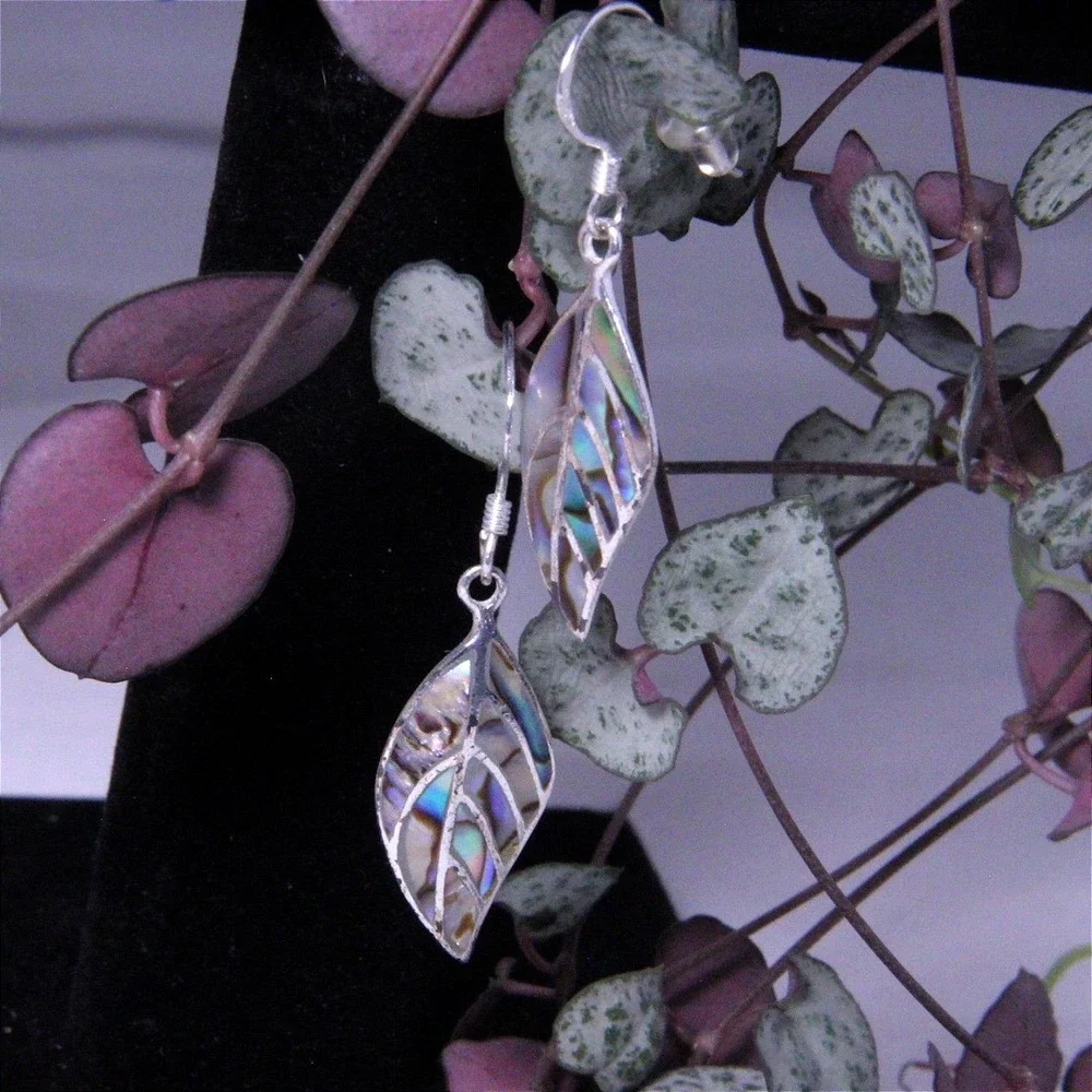 Sterling‎ Silver Abalone Leaf Dangle Earrings 925 Thai Iridescent Paua Shell
