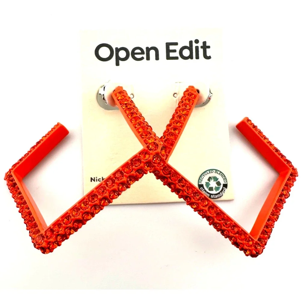OPEN EDIT Square Hoop Earrings Sparkly Neon Orange‎ NWT 1980's