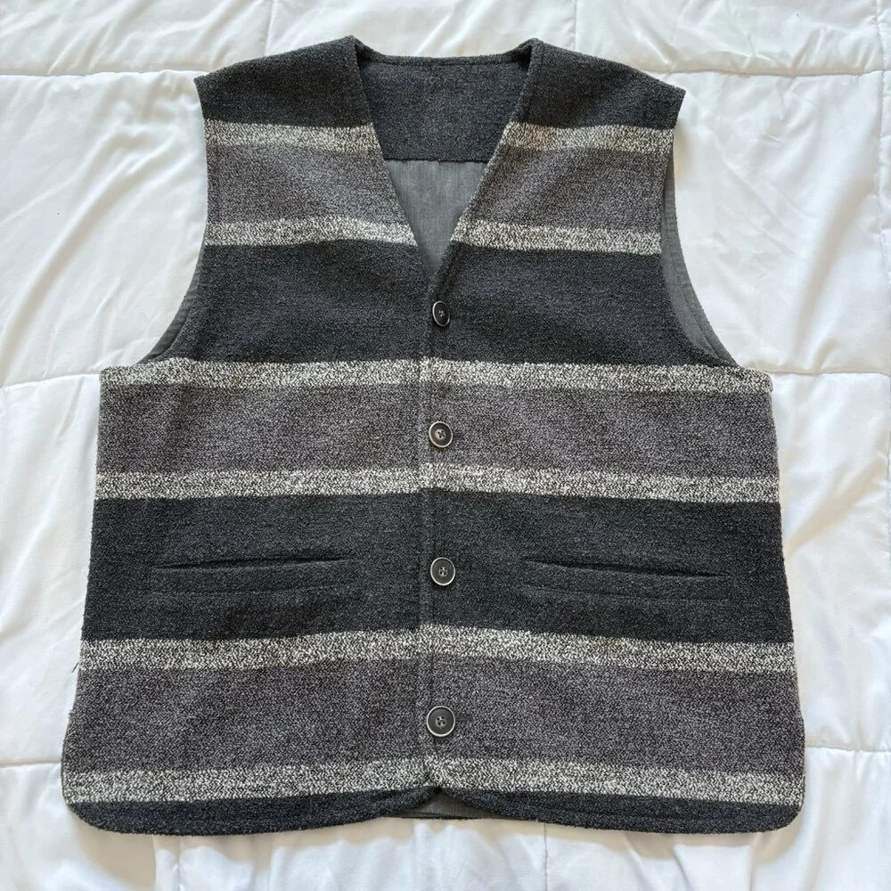 Vintage Mens Wool Blend Button‎ Up Vest Black Gray Striped 90s Y2K Grunge Skater