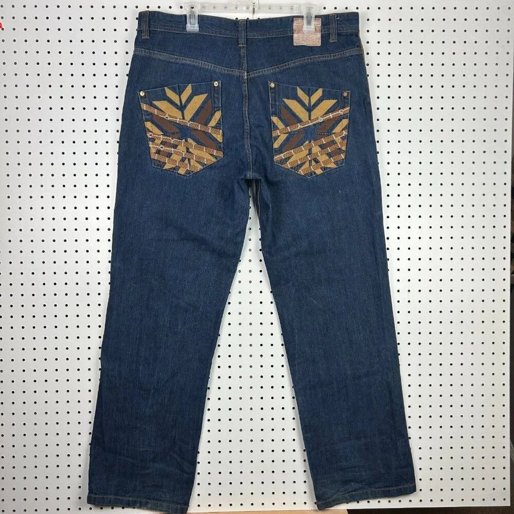 Revolution Y2K Jeans 38x34 Tribal Stitched Pockets Streetwear Skate Baggy Button