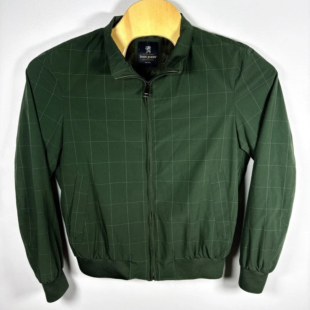 Dan John‎ Mens Green Windowpane Grid Full Zip Bomber Jacket Size Large