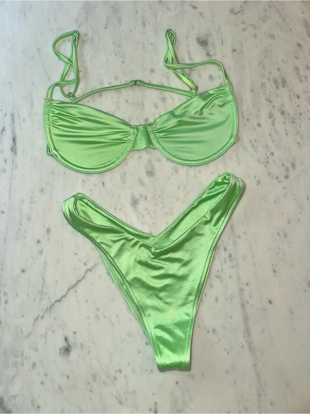 Frankie's Bikinis Neon Lime Green Satin Bikini Set