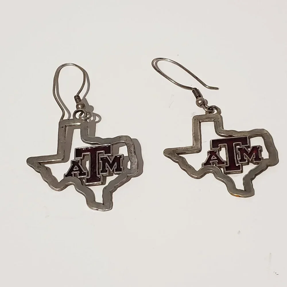 Silver Texas A&M Earrings Pierced French Hook Dangle Drop Aggies‎ TAMU Maroon