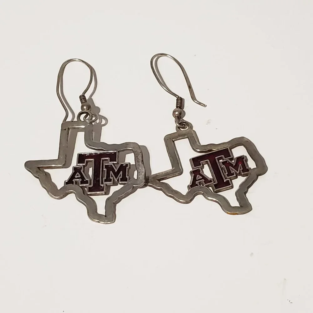Silver Texas A&M Earrings Pierced French Hook Dangle Drop Aggies‎ TAMU Maroon