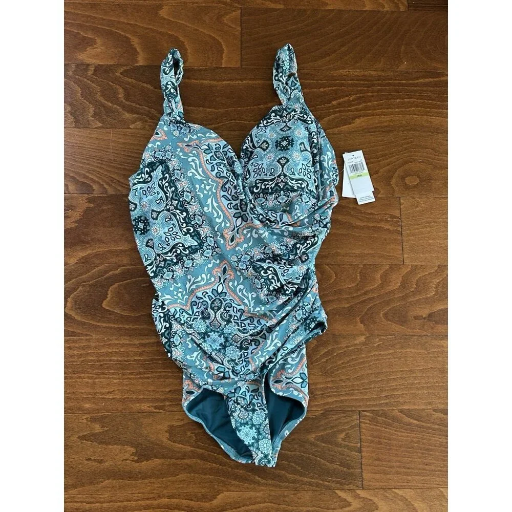 Jantzen Draped Surplice One Piece Bathing Suit Ocean  Floral‎ Stretch NWT 18W