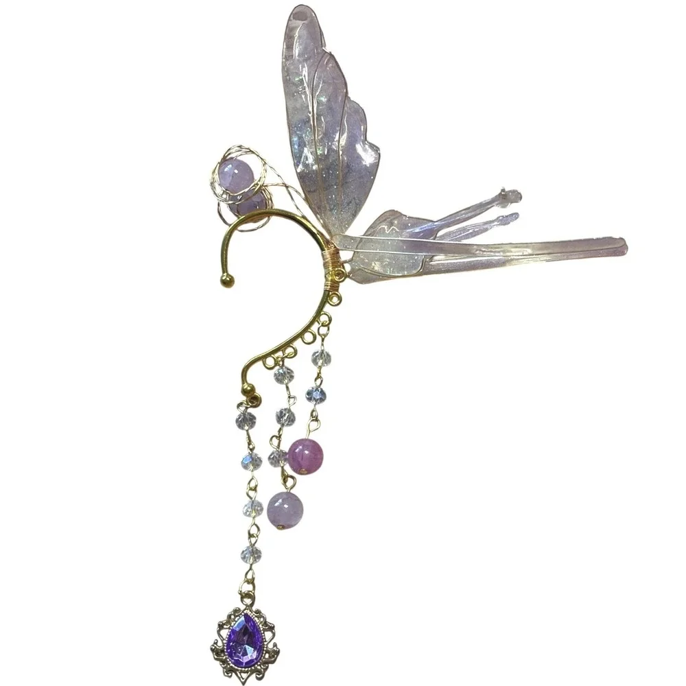 Purple‎ Iridescent Fairy Wing Ear Cuff Gold Tone Dangle Crystal Fantasy Wrap
