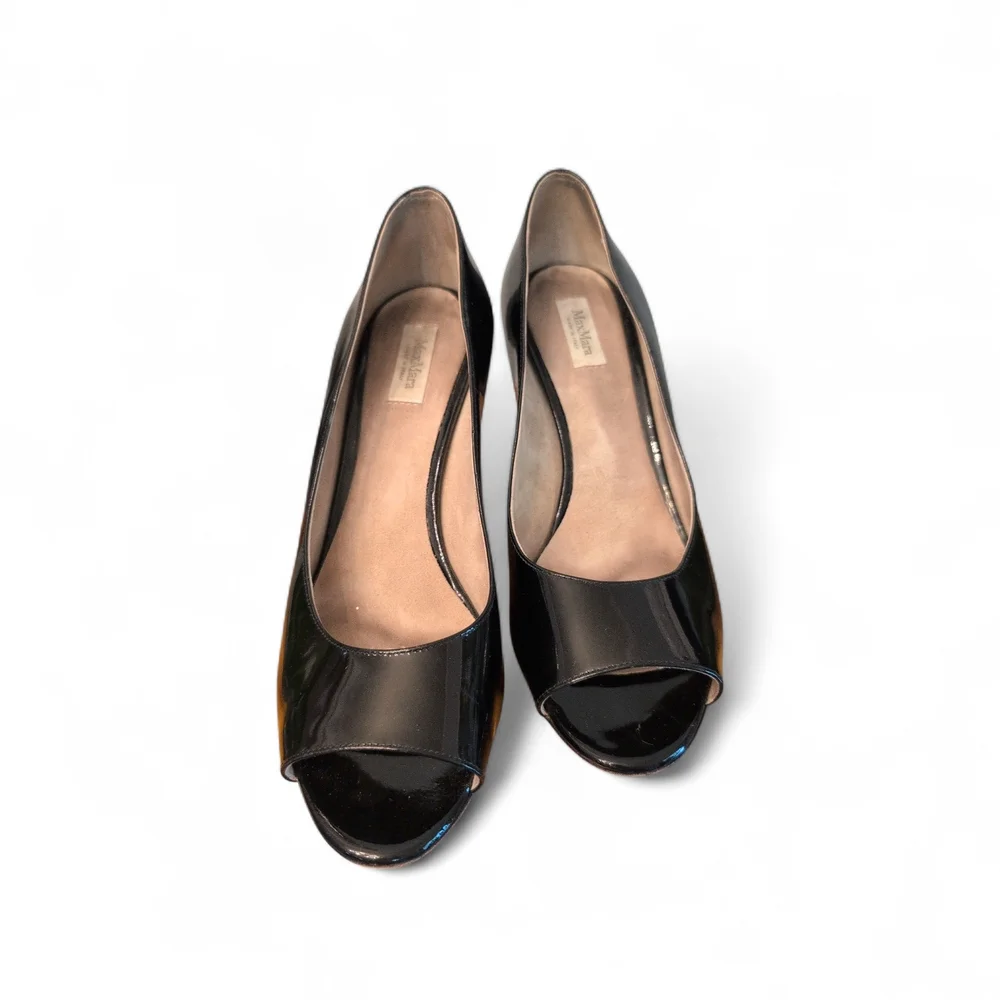 Max Mara Black Patent Leather Peep Toe Pumps Stiletto Heels Made in Italy‎ Sz 39