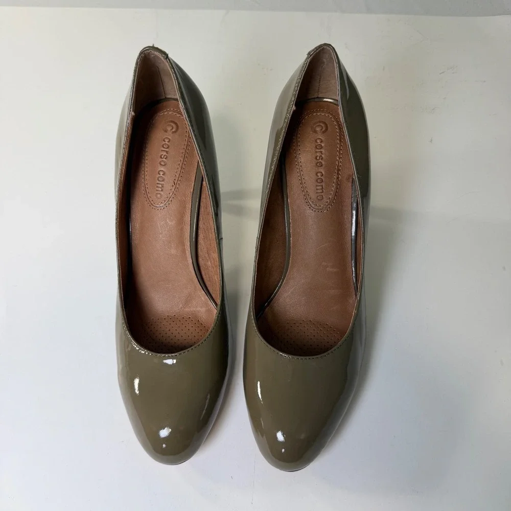 Corso Como Olive Green‎ Patent Leather Round Toe Pumps Stiletto Heels Size 9.5