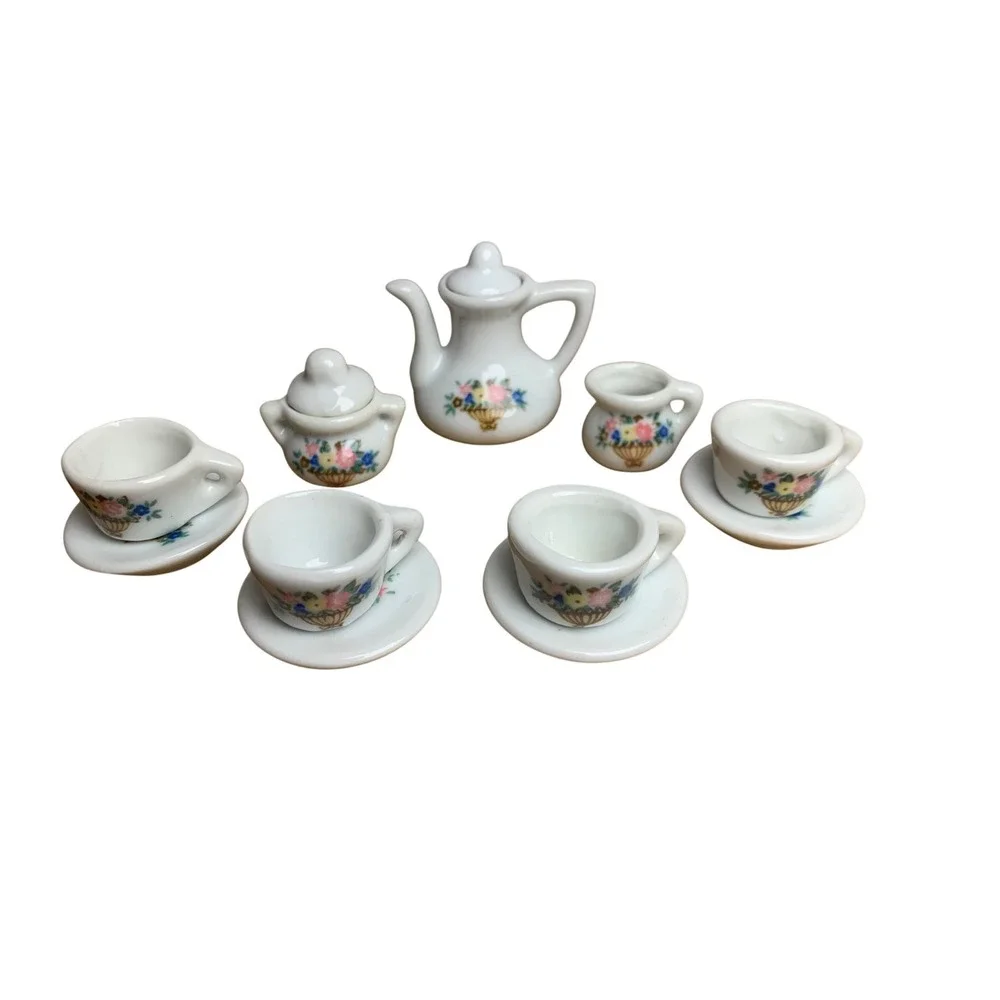 Vintage Cottage Floral Porcelain Miniature Tea Set 13pc. White Ceramic Dollhouse