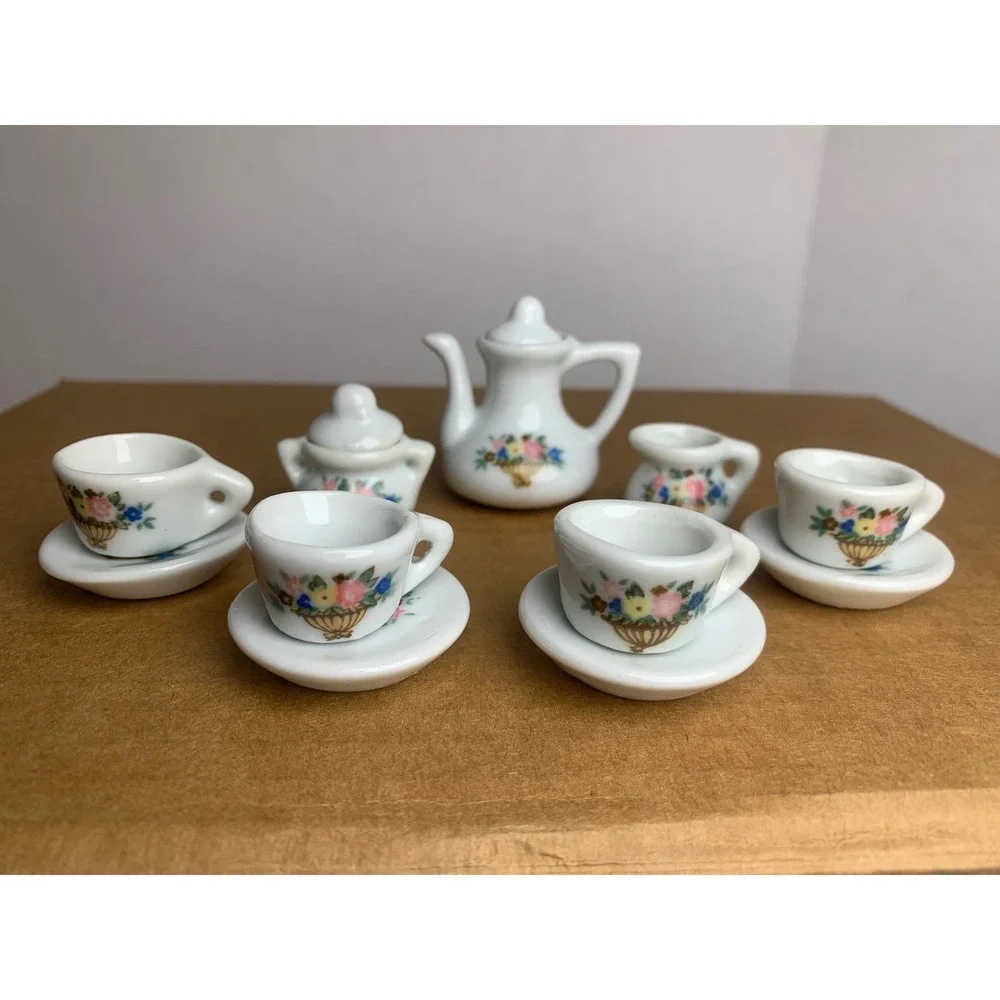 Vintage Cottage Floral Porcelain Miniature Tea Set 13pc. White Ceramic Dollhouse