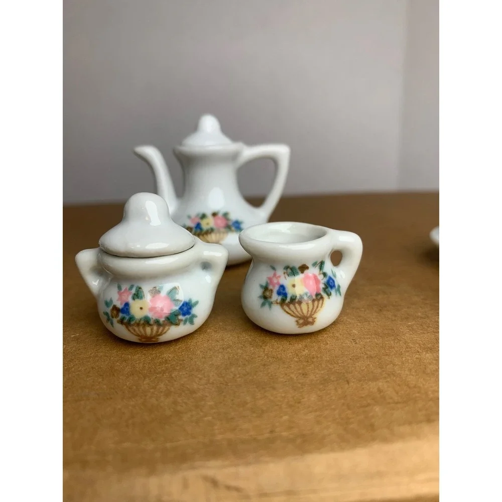 Vintage Cottage Floral Porcelain Miniature Tea Set 13pc. White Ceramic Dollhouse