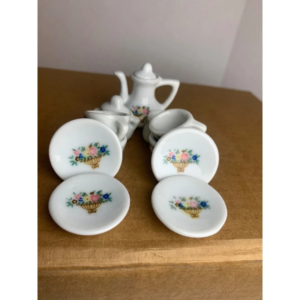 Vintage Cottage Floral Porcelain Miniature Tea Set 13pc. White Ceramic Dollhouse