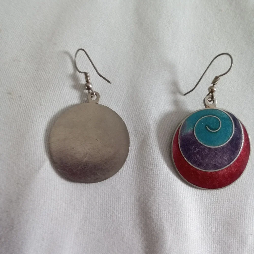 Vintage Enamel Swirl Drop Earrings Red Purple Turquoise Silver Tone Boho Round