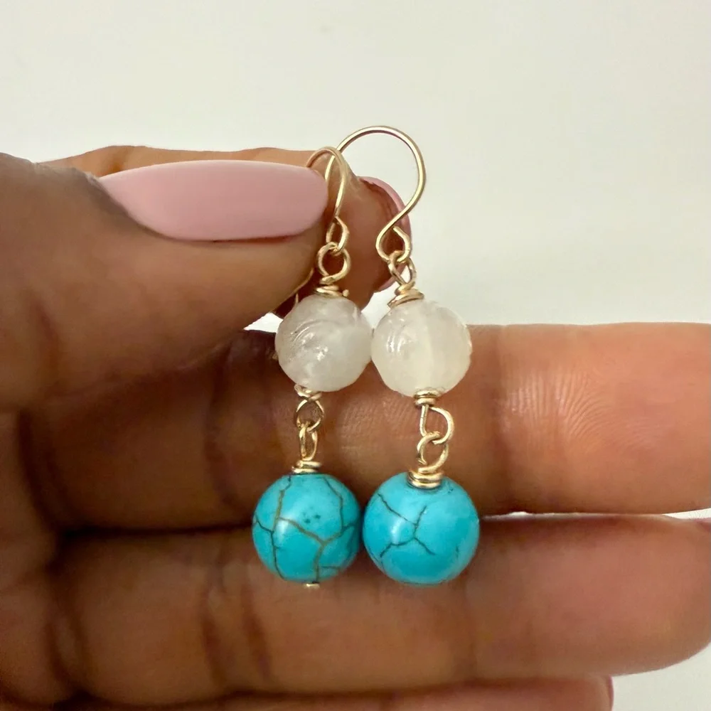 Gold-Filled Carved White Agate & Turquoise Dangle Earrings