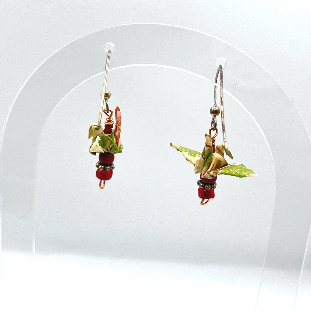 Origami Crane Paper Drop Earrings Sterling Silver Hooks‎ Green Floral Red Beads